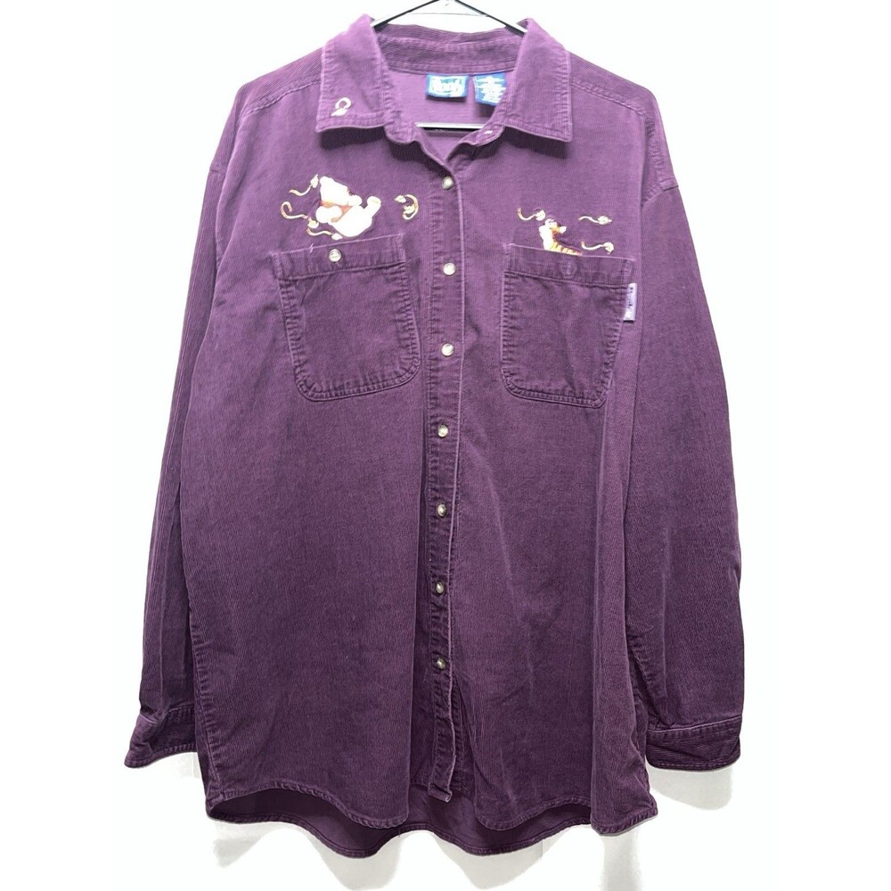 Disney Shirt XL Winnie the Pooh and Tigger Purple Button up Corduroy Vtg 90s